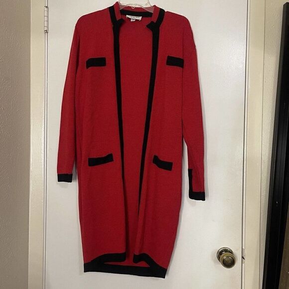 St. John Sweaters - St. John Collection Red long knit cardigan sweater black trim size US 6